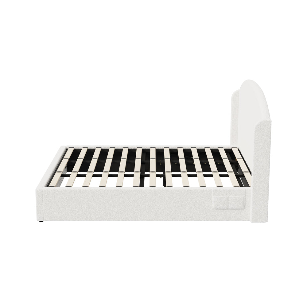 Bed Frame King With Gas Lift Storage USB Charging Boucle