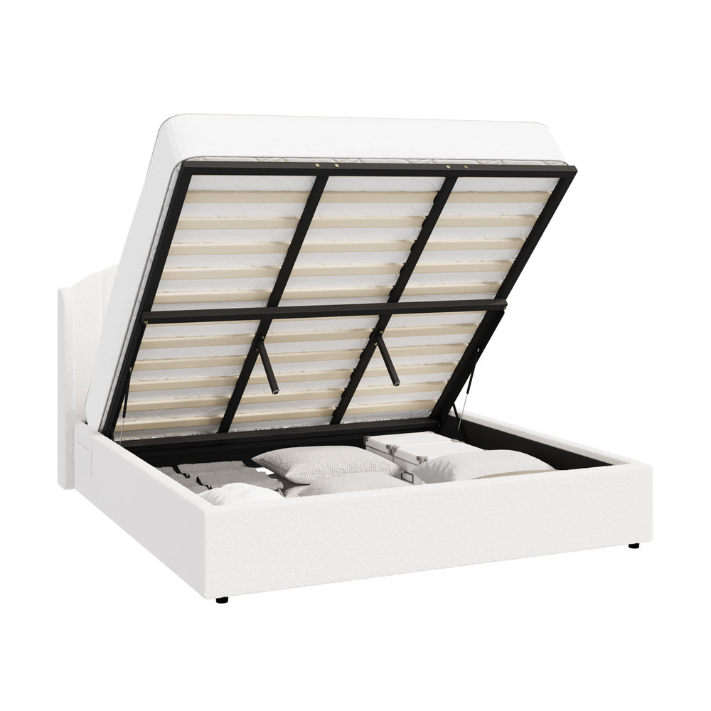 Bed Frame King With Gas Lift Storage USB Charging Boucle
