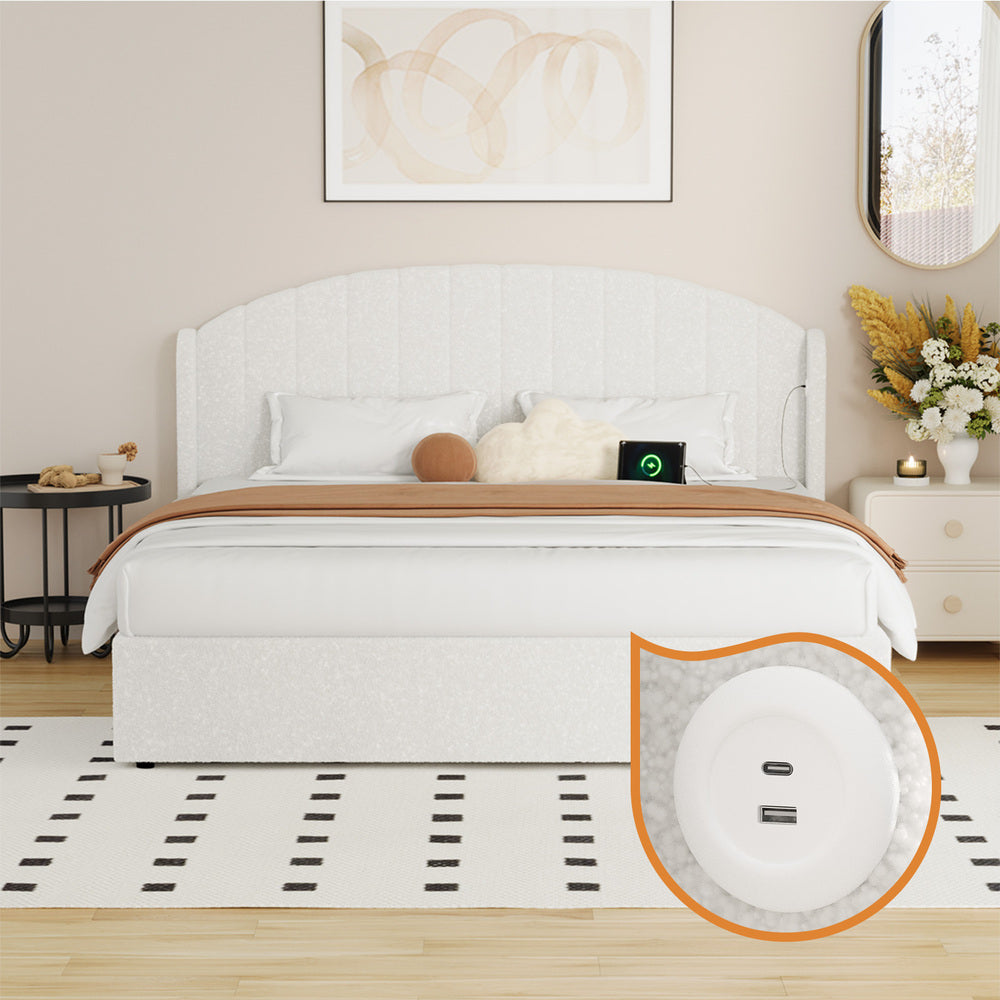 Bed Frame King With Gas Lift Storage USB Charging Boucle