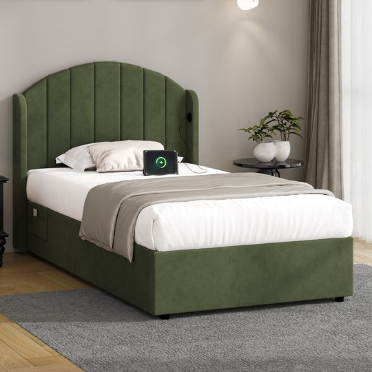 Bed Frame King Single Gas Lift Storage USB Charging Velvet