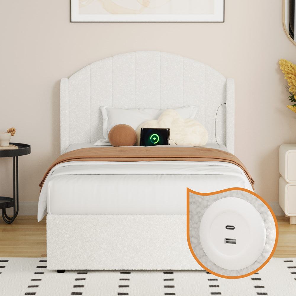 Bed Frame King Single Gas Lift Storage USB Charging Boucle