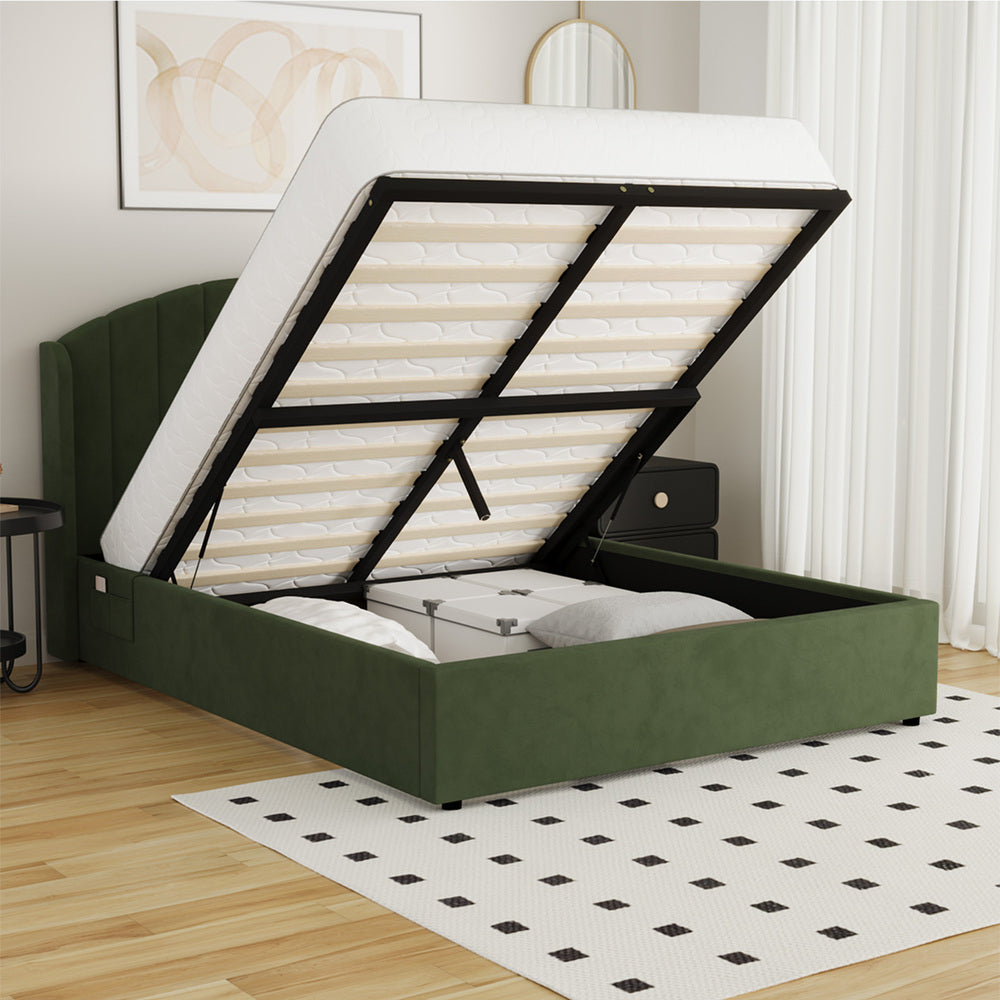 Bed Frame Queen With Gas Lift Storage USB Charging Velvet