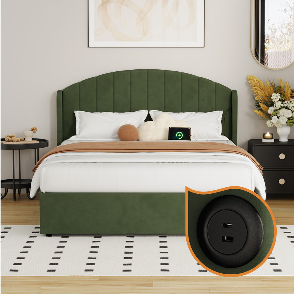 Bed Frame Queen With Gas Lift Storage USB Charging Velvet