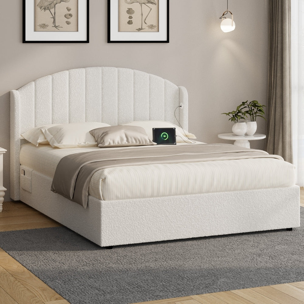 Queen Bed Frame Gas Lift Storage USB Boucle | Simpledeals