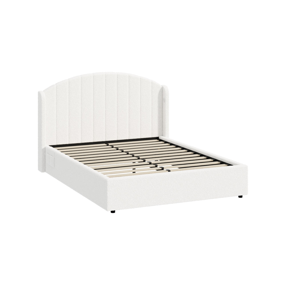 Queen Bed Frame Gas Lift Storage USB Boucle | Simpledeals