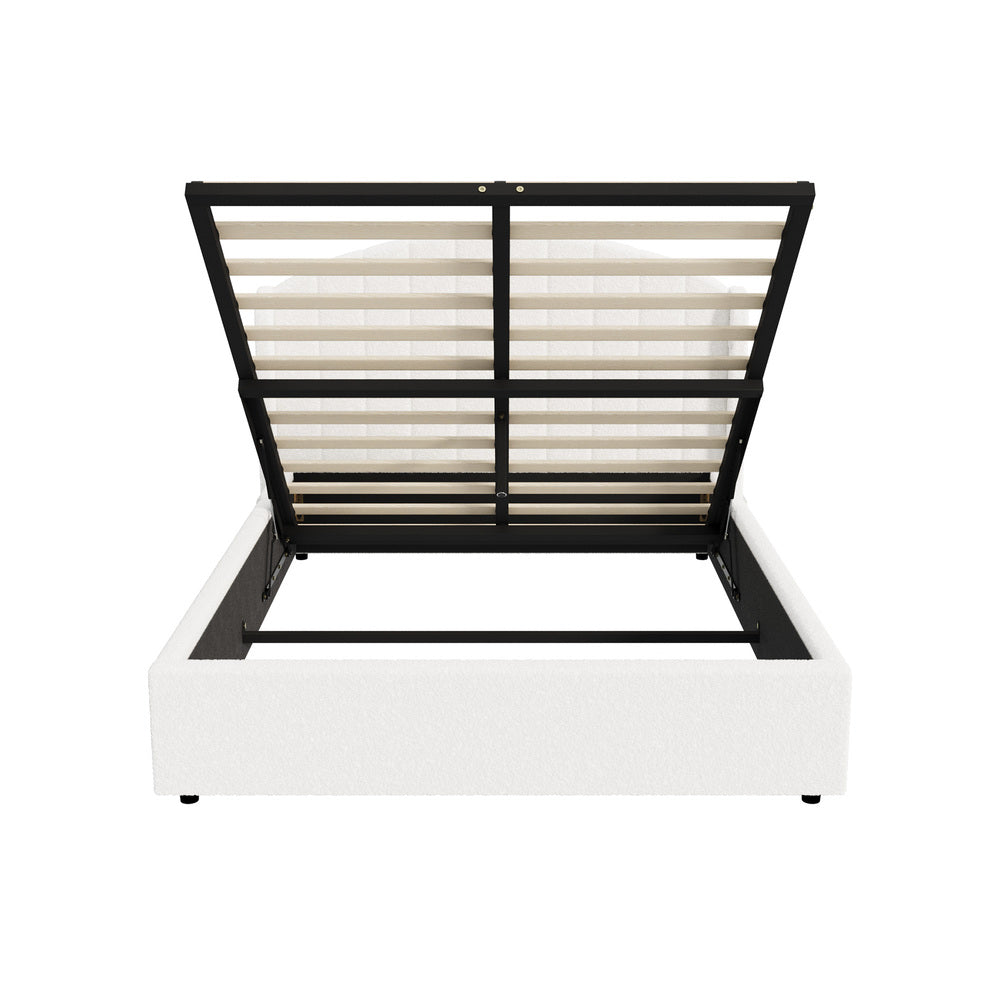 Queen Bed Frame Gas Lift Storage USB Boucle | Simpledeals