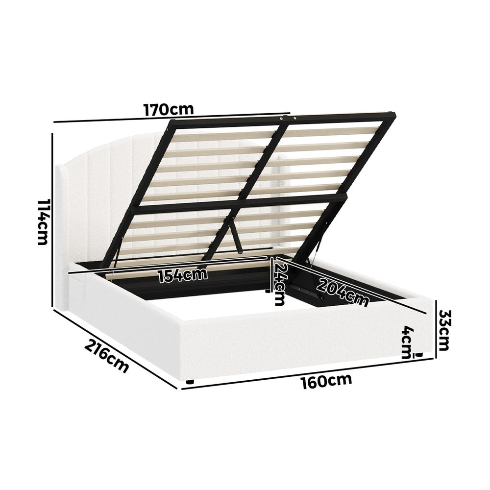 Queen Bed Frame Gas Lift Storage USB Boucle | Simpledeals