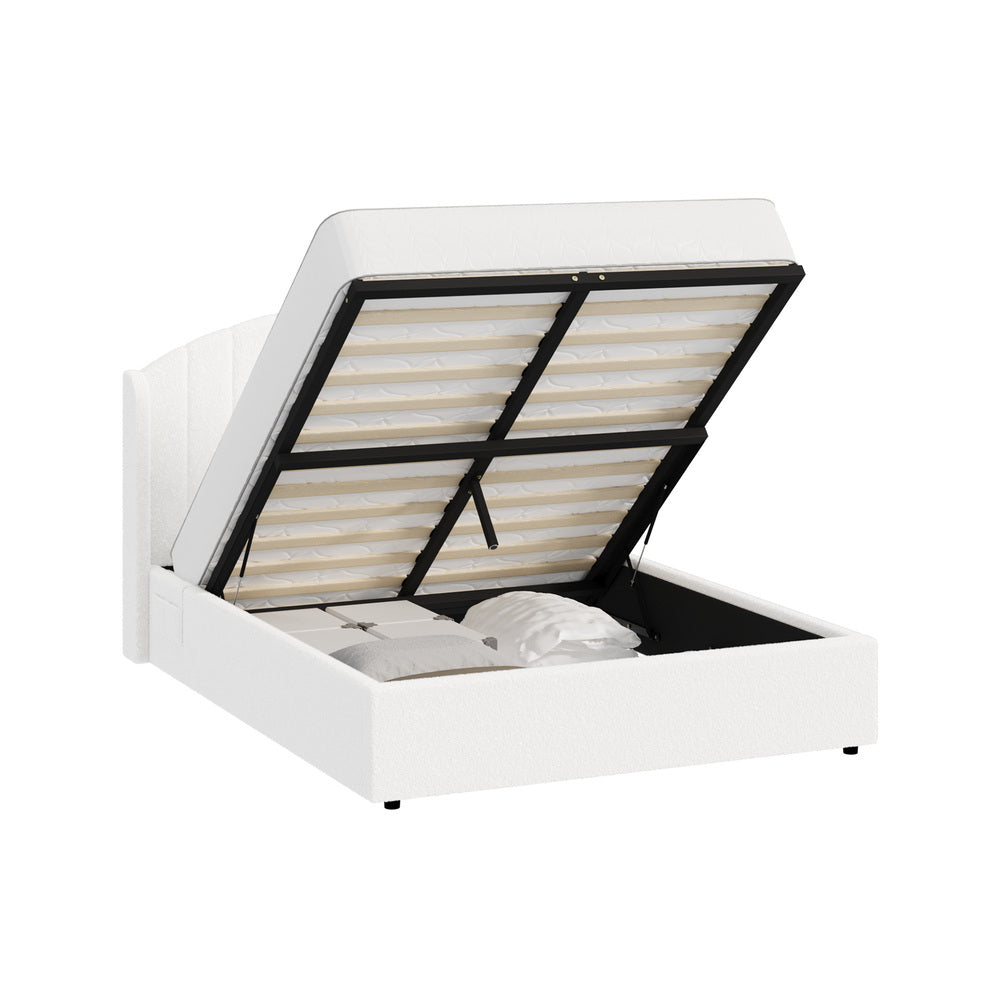 Queen Bed Frame Gas Lift Storage USB Boucle | Simpledeals
