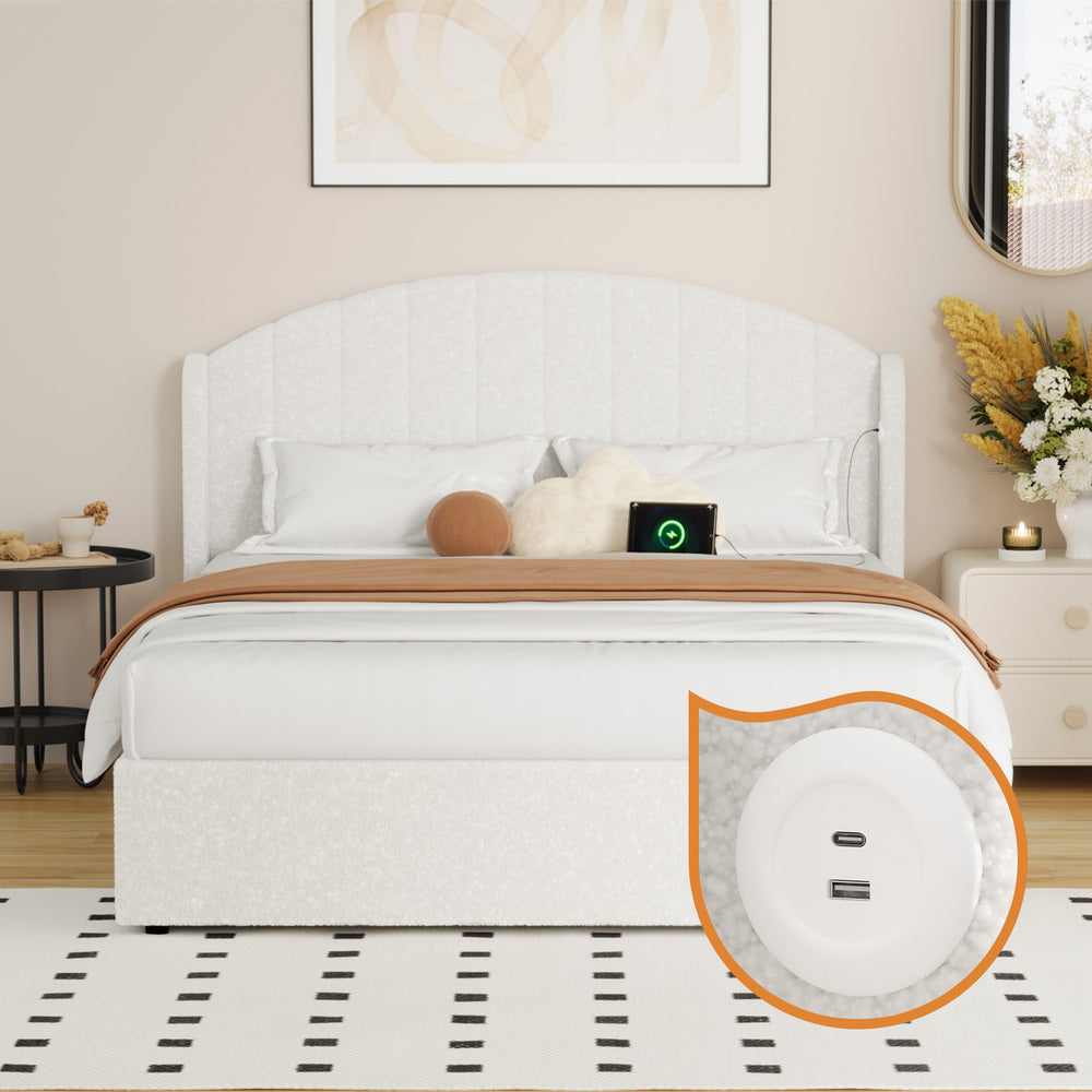 Queen Bed Frame Gas Lift Storage USB Boucle | Simpledeals