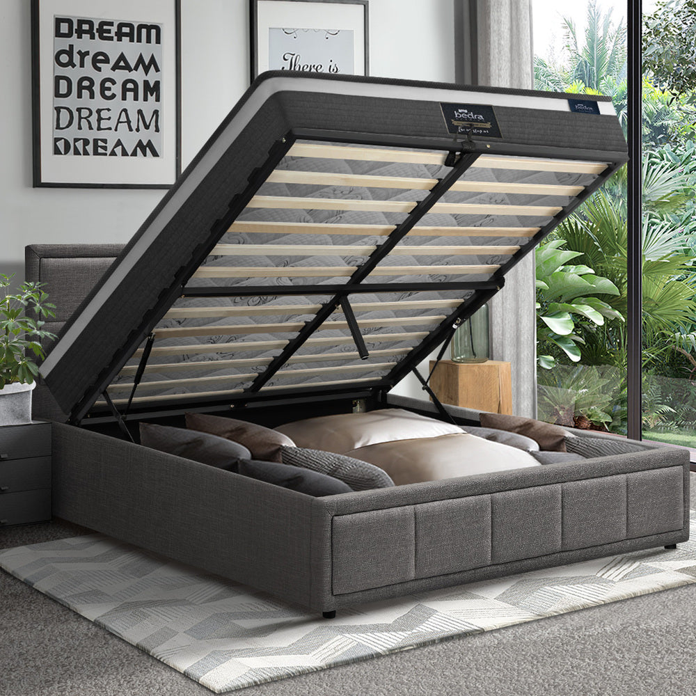 Modern Grey Gas Lift Bed Frame with Mattress Set and Storage