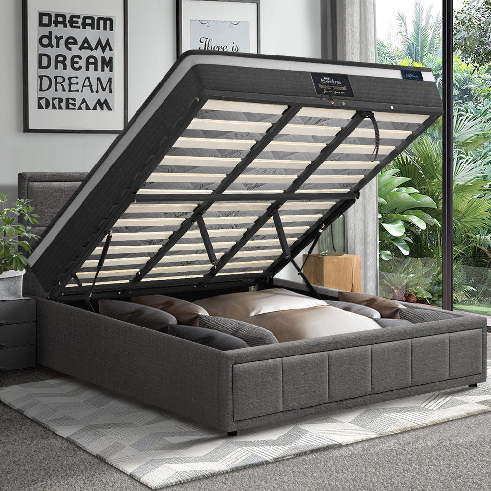 Modern Grey Gas Lift Bed Frame with Mattress Set and Storage