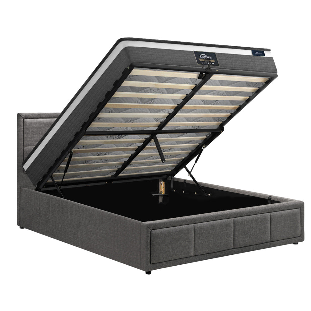 Stylish Grey Gas Lift Bed Frame with Mattress Set and Built-In Storage King Single
