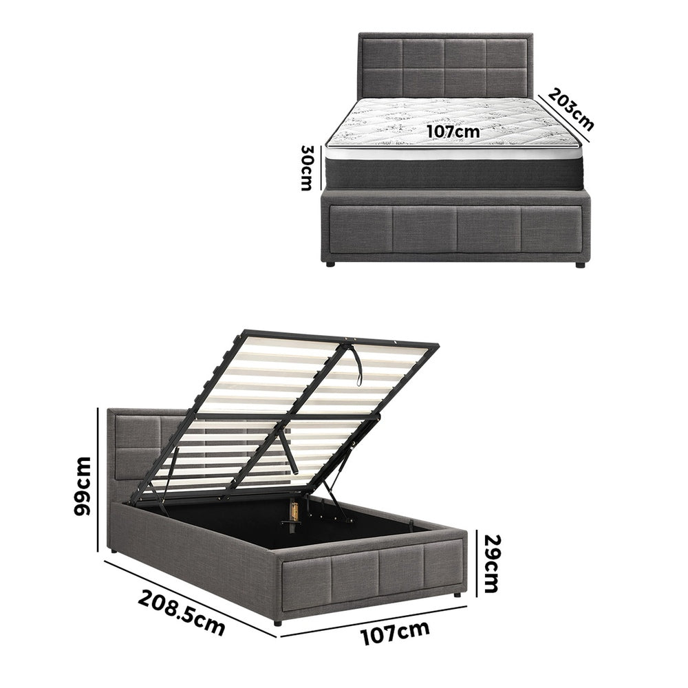 Stylish Grey Gas Lift Bed Frame with Mattress Set and Built-In Storage King Single