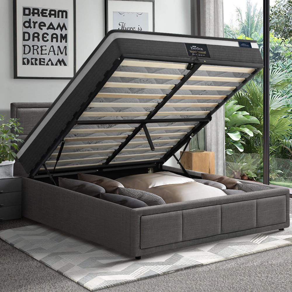 Stylish Grey Gas Lift Bed Frame with Mattress Set and Built-In Storage King Single