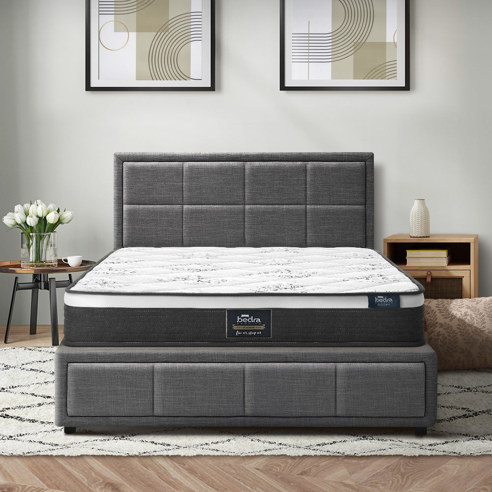 Stylish Grey Gas Lift Bed Frame with Mattress Set and Built-In Storage King Single