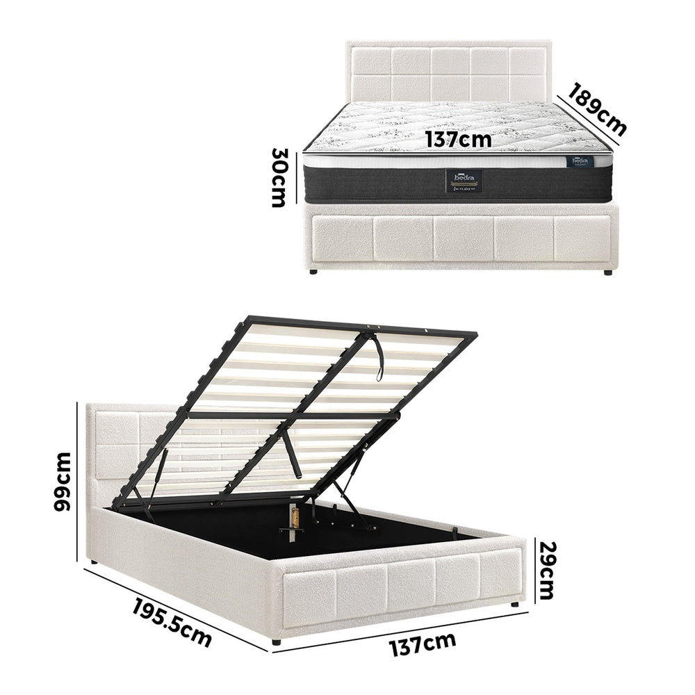 Modern White Gas Lift Bed Frame with Mattress Set and Storage Double
