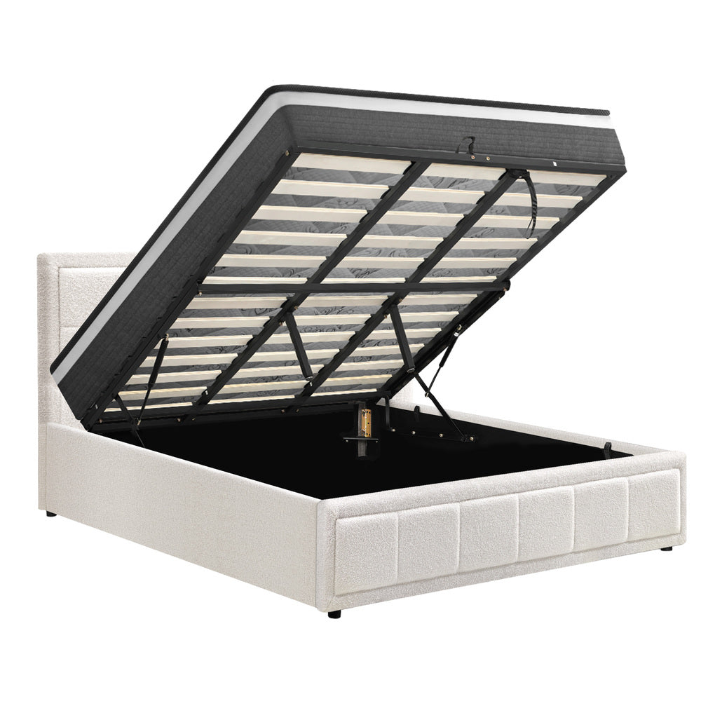 Contemporary White Gas Lift Bed Frame with Mattress Set and Storage King