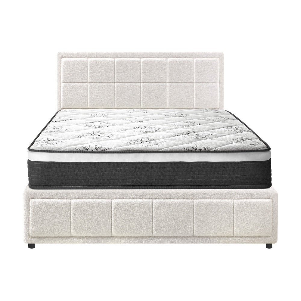 Contemporary White Gas Lift Bed Frame with Mattress Set and Storage King
