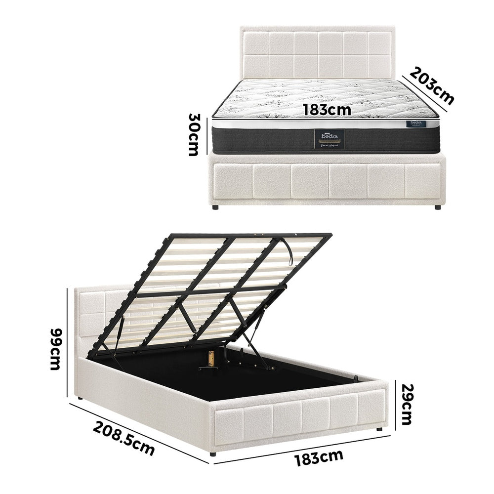 Contemporary White Gas Lift Bed Frame with Mattress Set and Storage King