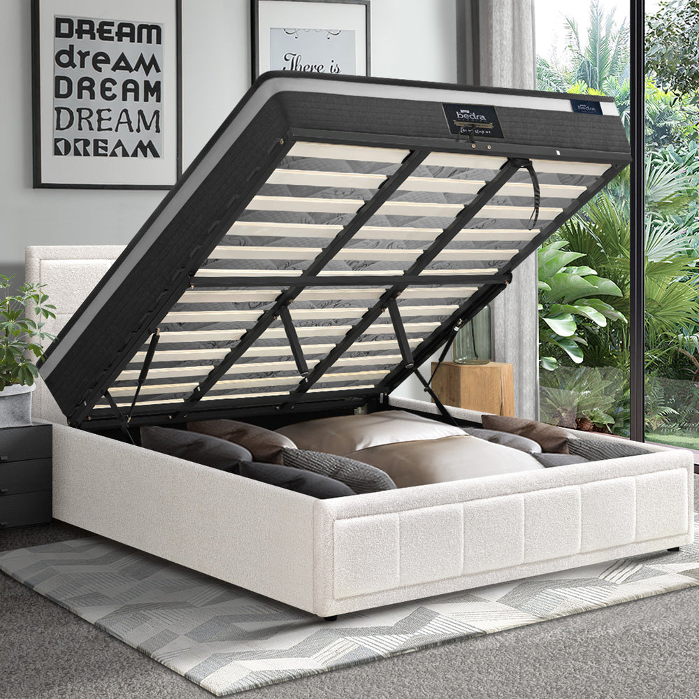 Contemporary White Gas Lift Bed Frame with Mattress Set and Storage King