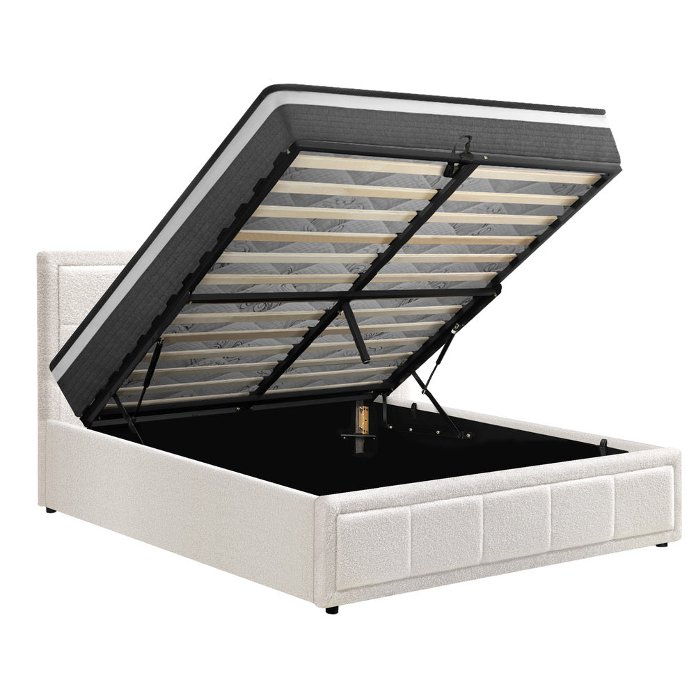 Contemporary White Gas Lift Bed Frame with Mattress Set and Storage Queen