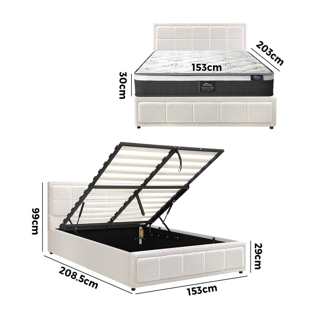 Contemporary White Gas Lift Bed Frame with Mattress Set and Storage Queen