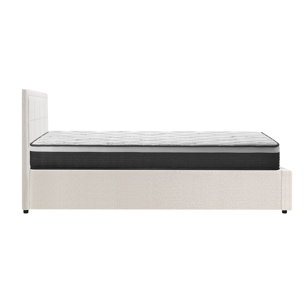Contemporary White Gas Lift Bed Frame with Mattress Set and Storage Queen