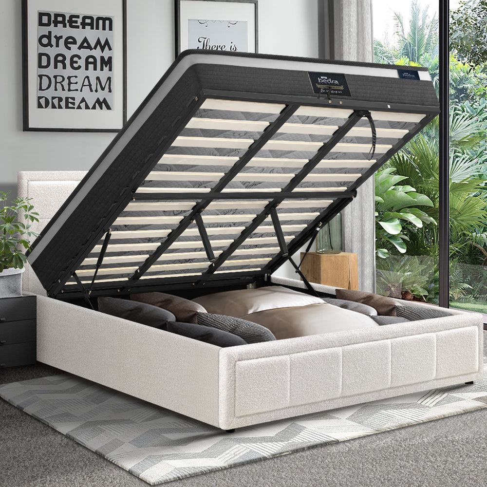 Contemporary White Gas Lift Bed Frame with Mattress Set and Storage Queen