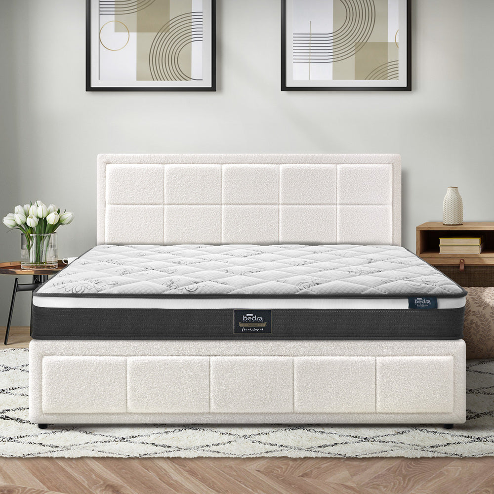 Contemporary White Gas Lift Bed Frame with Mattress Set and Storage Queen