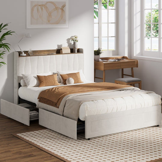 Double Bed Frame Storage Drawers Charging Station | Simplede