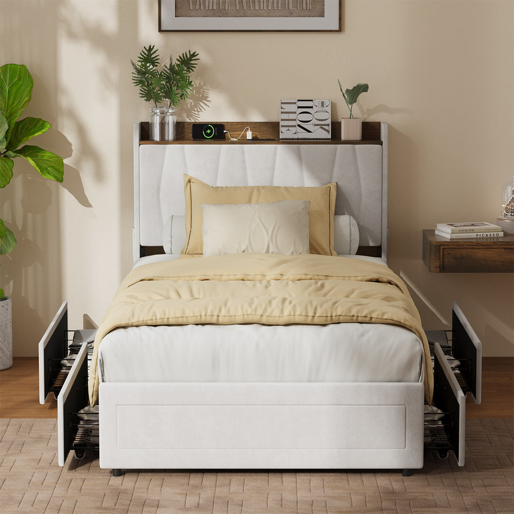 King Single Bed Frame 4 Drawers Charging Station | Simpledea