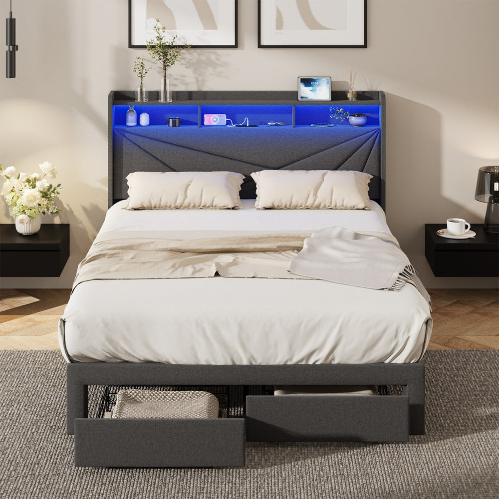 Double Bed Frame LED Headboard With USB Charging & Drawers