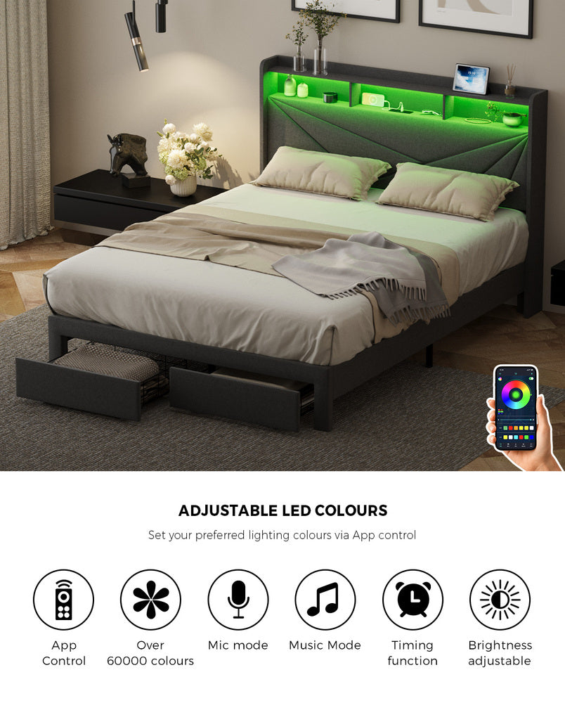 Double Bed Frame LED Headboard With USB Charging & Drawers