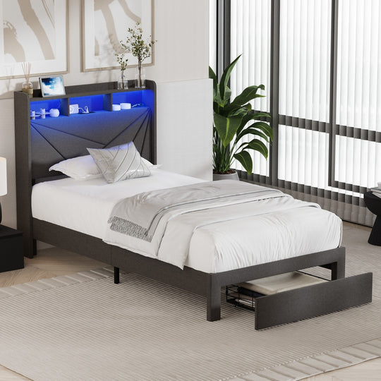 Bed Frame King Single Headboard With USB Charging & Drawers - Bed Frame