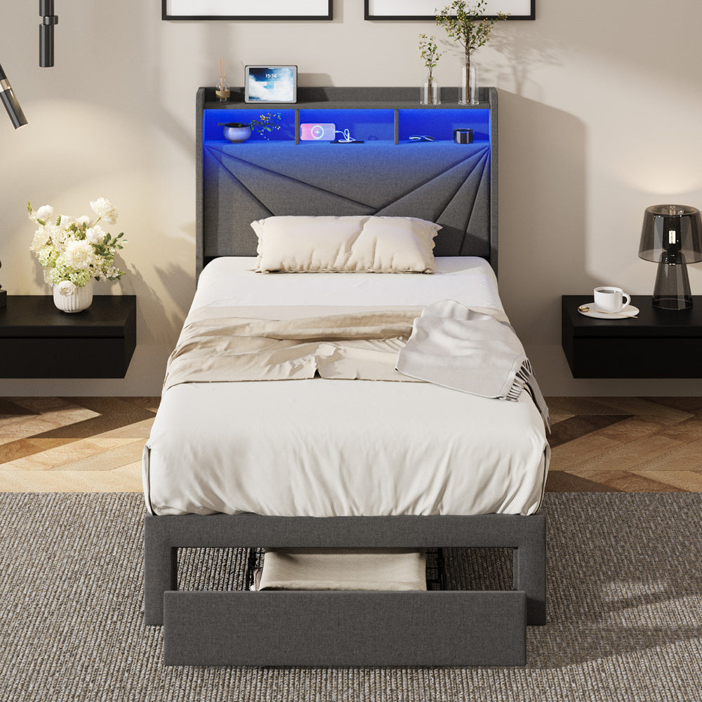 Bed Frame King Single Headboard With USB Charging & Drawers