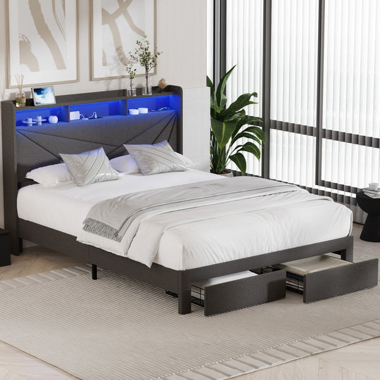 Queen Bed Frame LED Storge Headboard With Charging & Drawers - Bed Frame