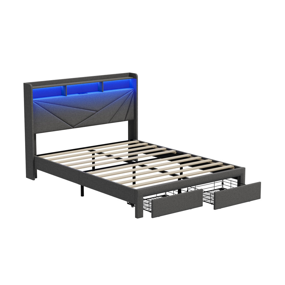 Queen Bed Frame LED Storge Headboard With Charging & Drawers