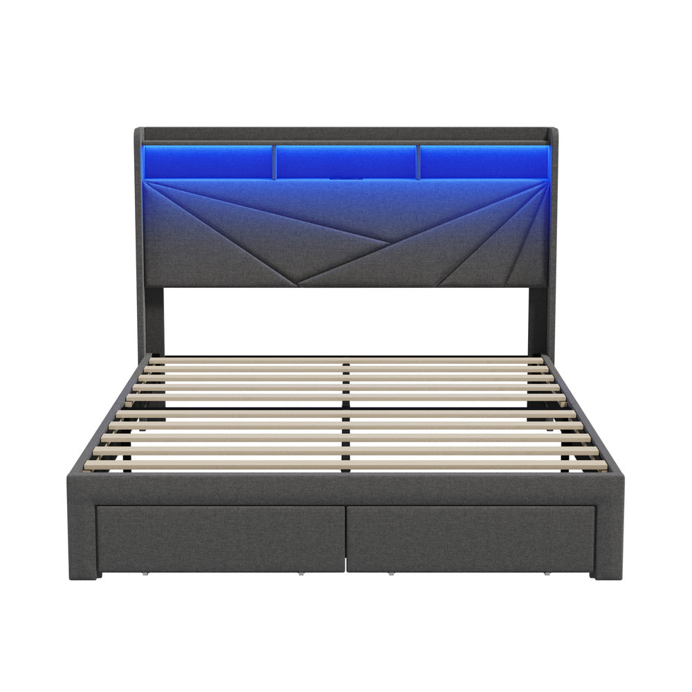 Queen Bed Frame LED Storge Headboard With Charging & Drawers