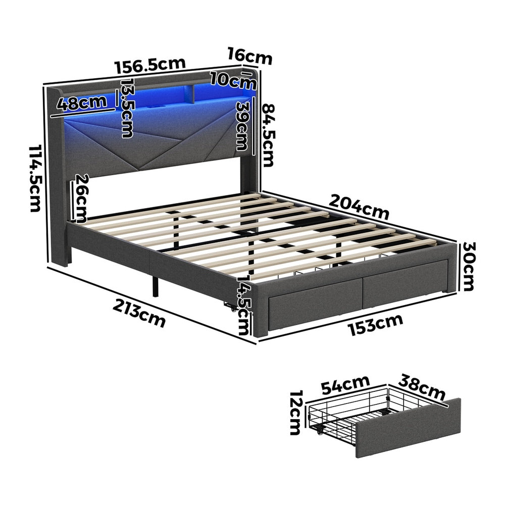 Queen Bed Frame LED Storge Headboard With Charging & Drawers