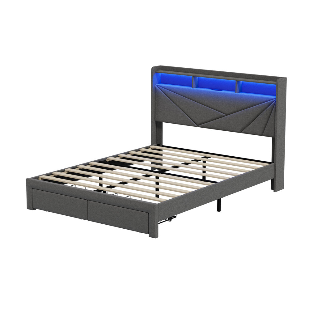Queen Bed Frame LED Storge Headboard With Charging & Drawers