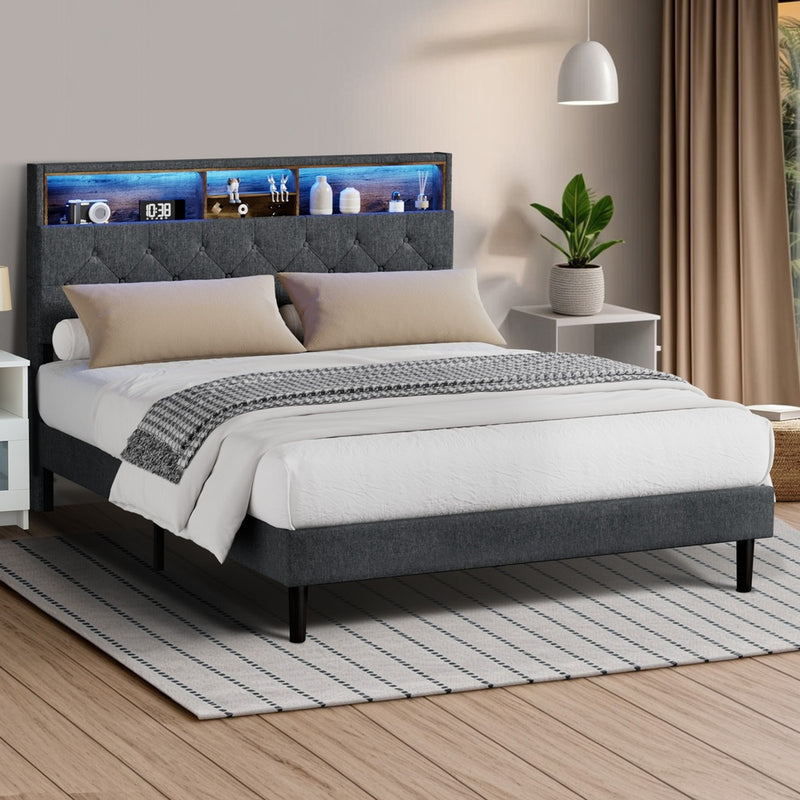 Contemporary Bed Frame with LED Storage Bedhead and Modern Design - Bed Frame