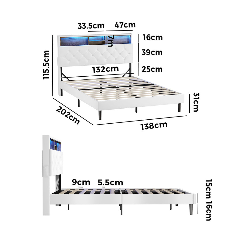 White Double Bed Frame with LED Storage Bedhead and Sleek Modern Design