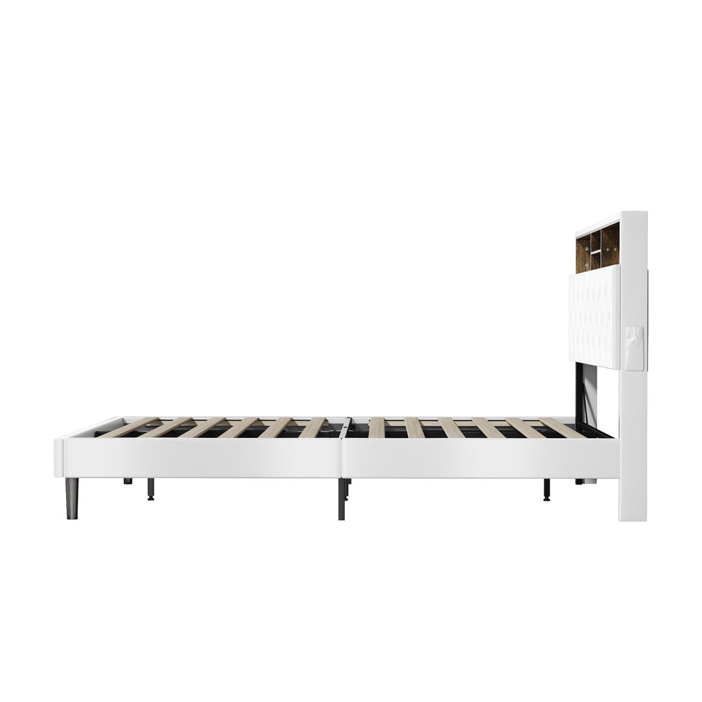 White Double Bed Frame with LED Storage Bedhead and Sleek Modern Design