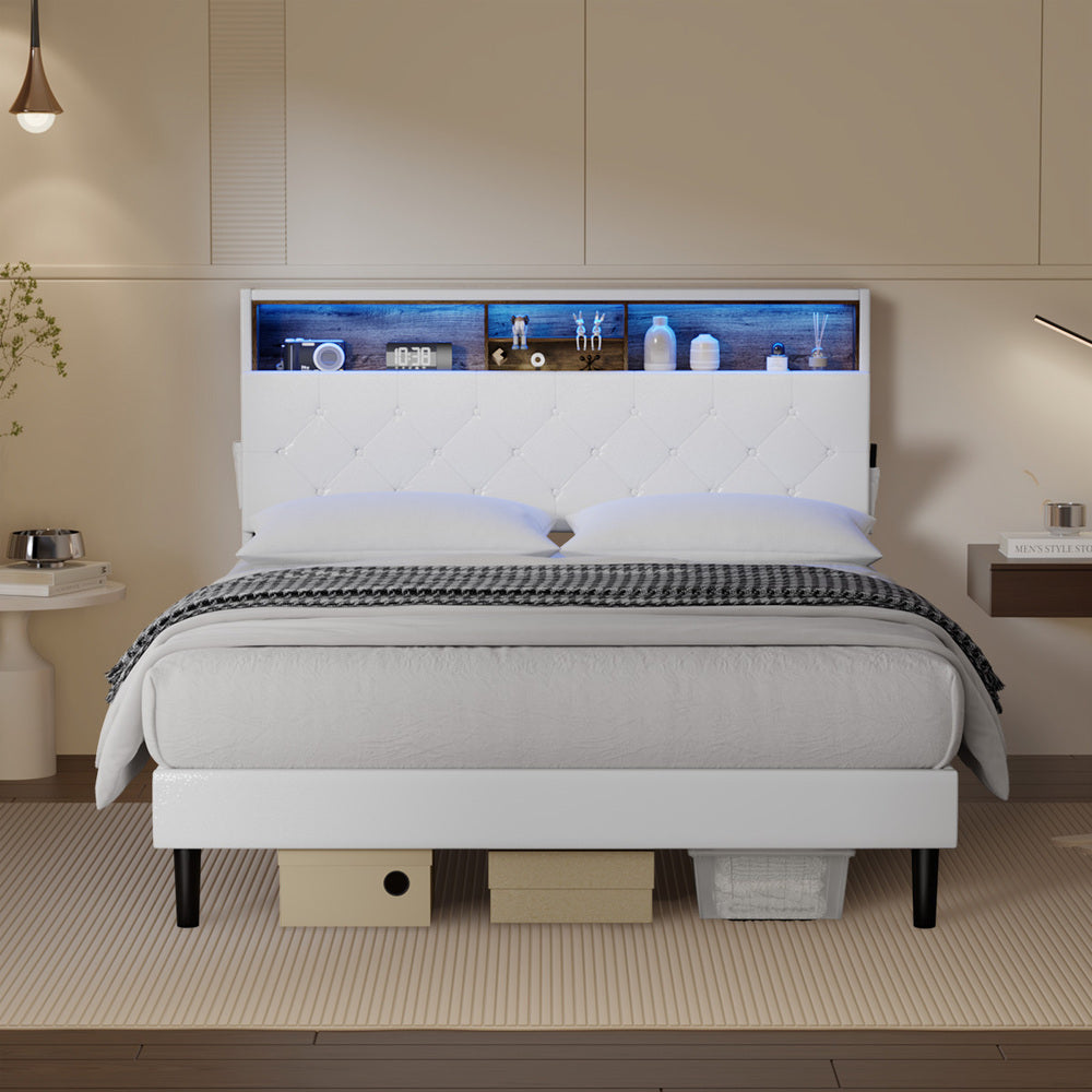 White Double Bed Frame with LED Storage Bedhead and Sleek Modern Design