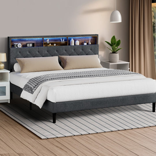 Contemporary Bed Frame with LED Storage Bedhead and Modern Design