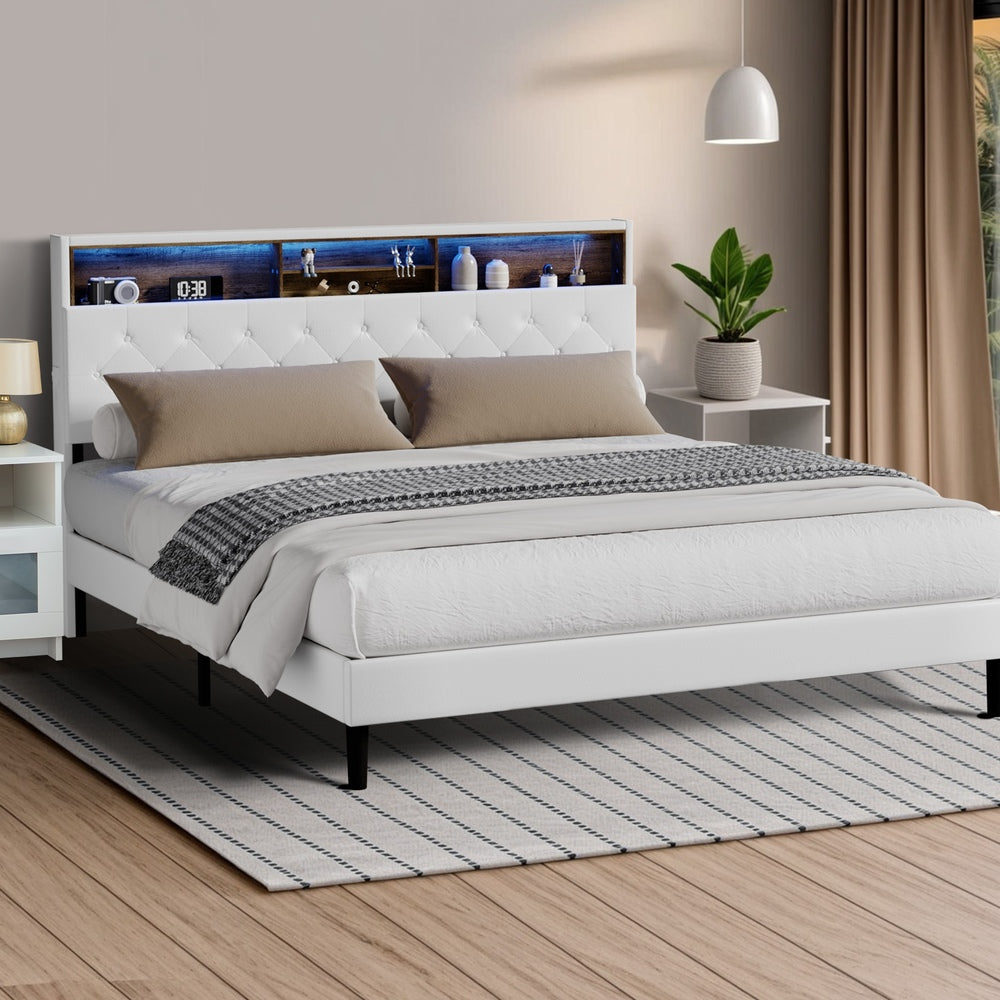 White King Bed Frame with LED Storage Bedhead