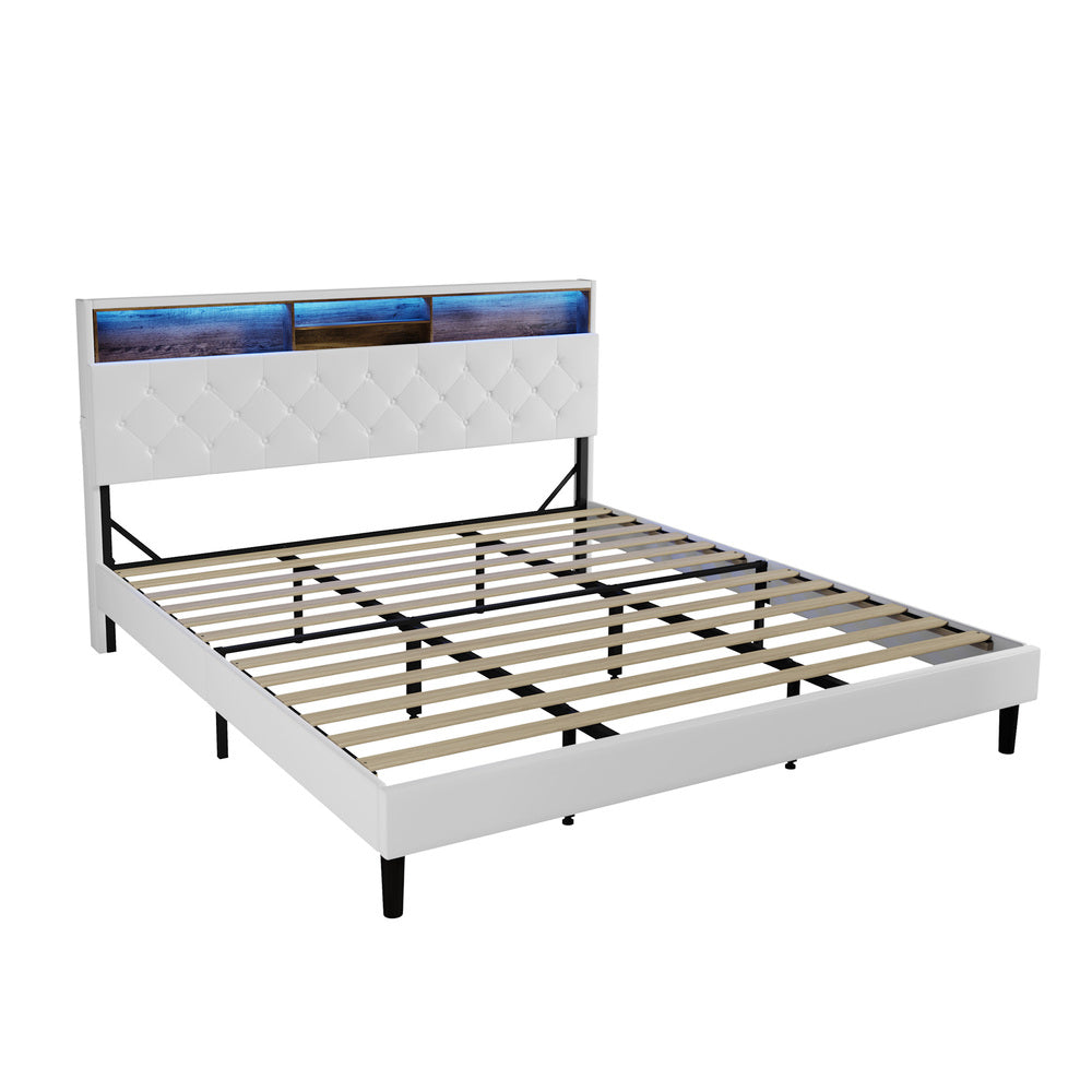 White King Bed Frame with LED Storage Bedhead