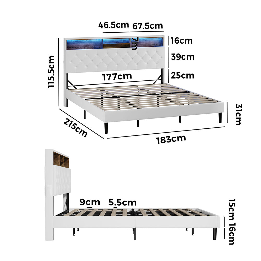 White King Bed Frame with LED Storage Bedhead