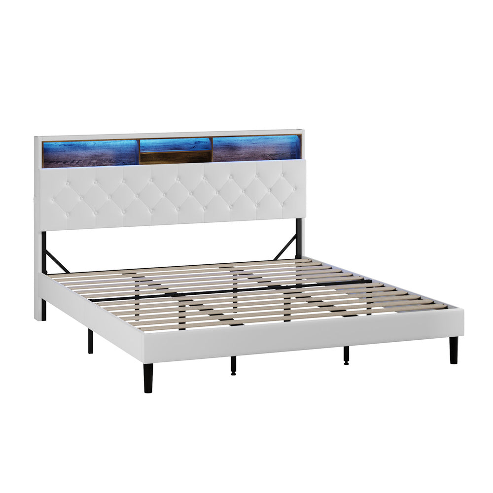 White King Bed Frame with LED Storage Bedhead
