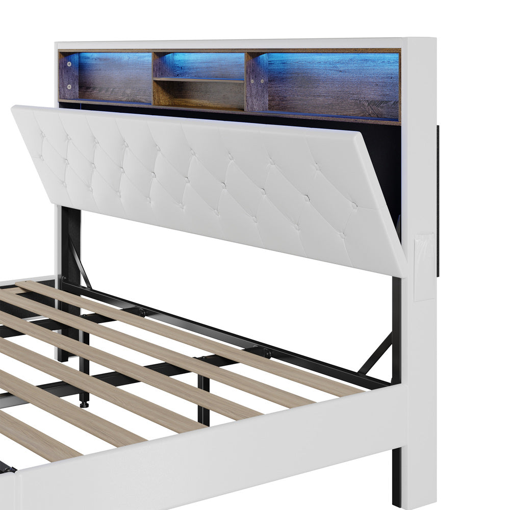 White King Bed Frame with LED Storage Bedhead